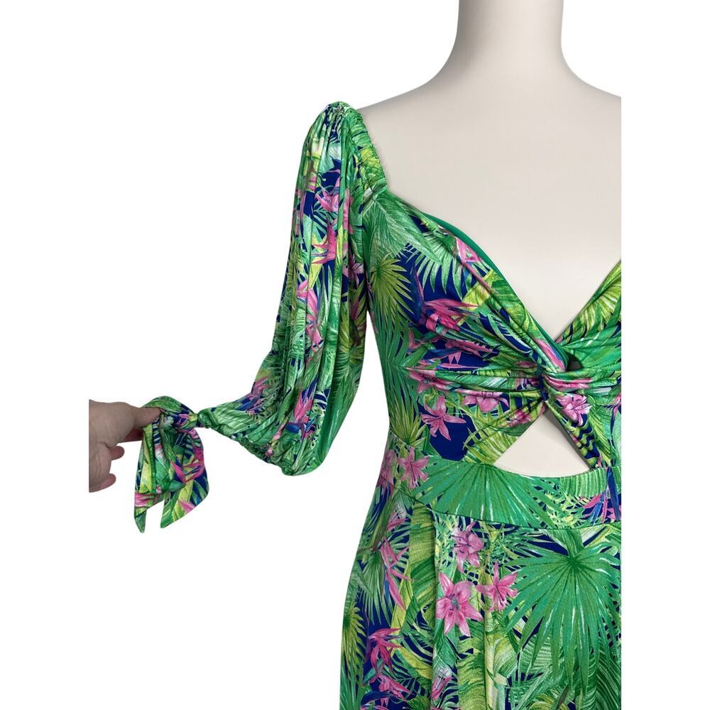 Tropical Palm Print Resort Maxi Dress Beach Cover Up Twist Front Size Large - Picture 8 of 11